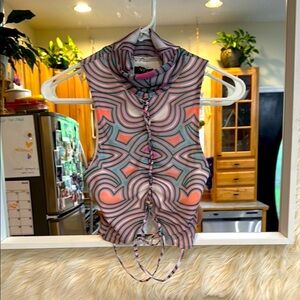AFRM Printed Ruched Lace-Up Top NWOT XS/S Psychedelic Y2K Vibes